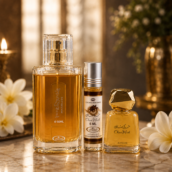 Choco Musk layering set with 50ml spray, 100ml parfum and two rollerballs