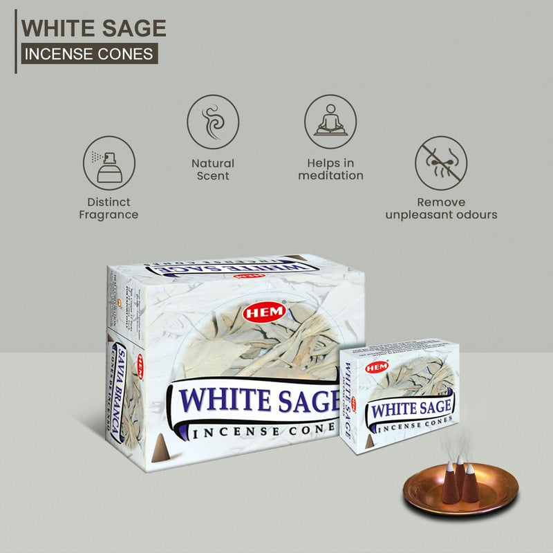 HEM White Sage Incense Cones – 12 Boxes of 10 Cones - Taaf Trade LLC