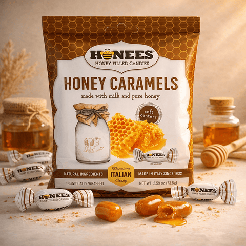 Honey-filled herbal caramels, individually wrapped