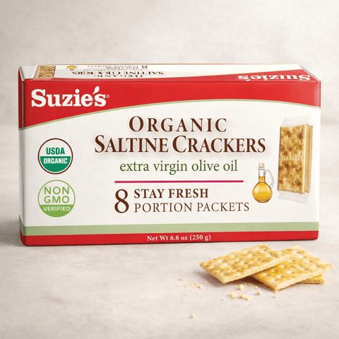Suzie's organic saltine crackers with extra virgin olive oil